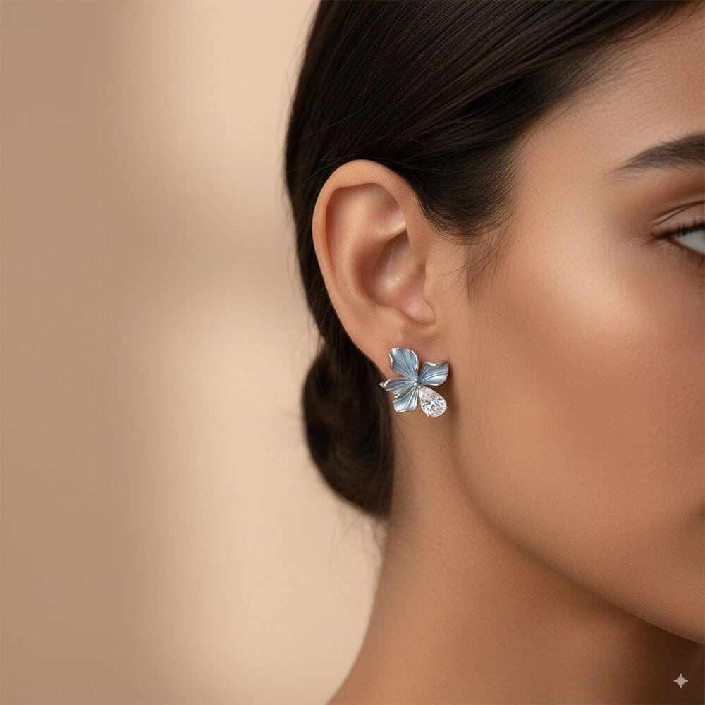 Blue Enamel Bloom Silver Earring - Iris